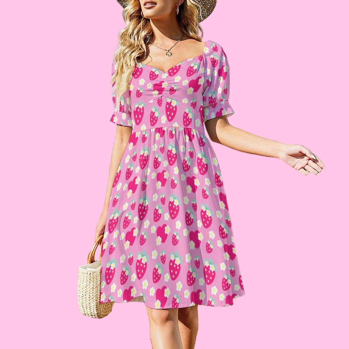 Strawberry Cutie Women's Sweetheart Neckline Puff Short Sleeve A-line Mini Dress (Soda Pop Fruity Berry Pink)