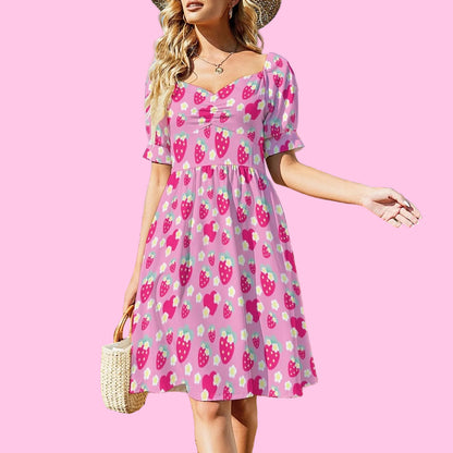 Strawberry Cutie Women's Sweetheart Neckline Puff Short Sleeve A-line Mini Dress (Soda Pop Fruity Berry Pink)