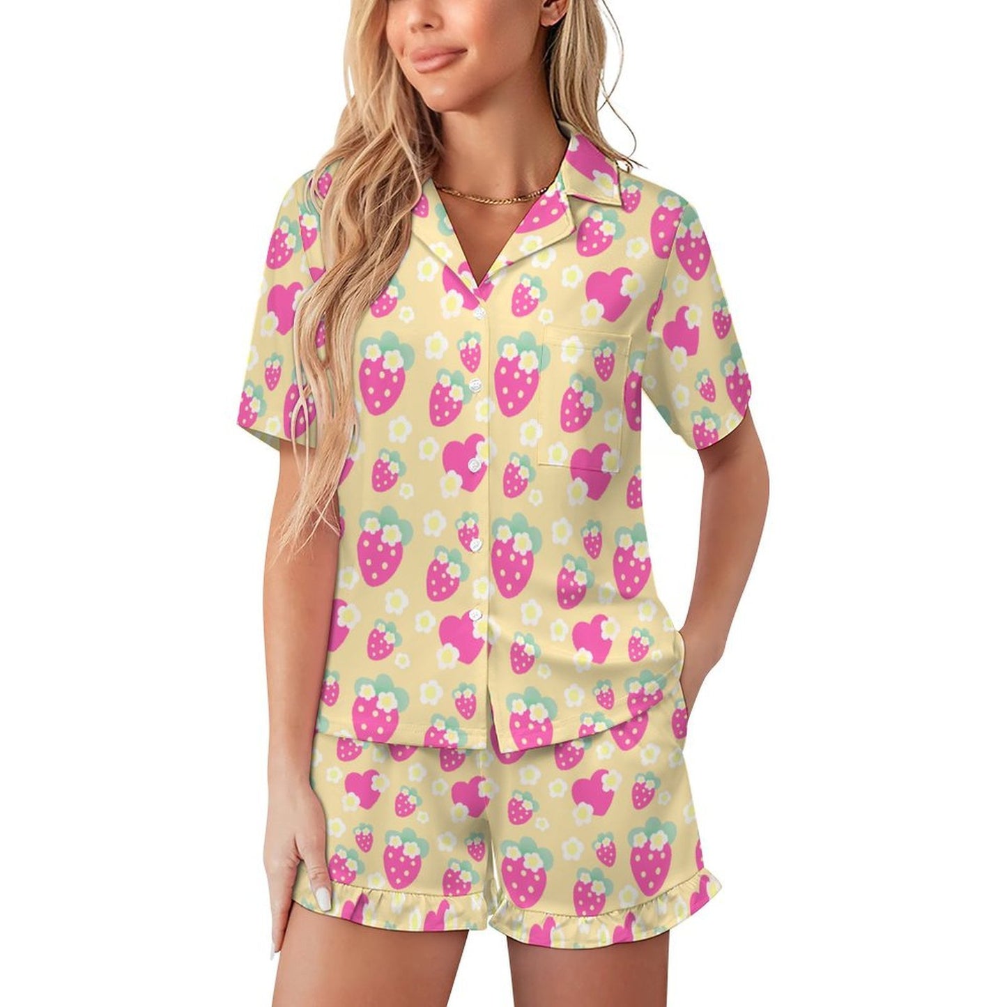 Strawberry Cutie Women's Top & Bottom Pajama Loungewear Set Short Sleeve Button Top Frilly Ruffled Shorts With Pockets (Fruity Berry Yellow)