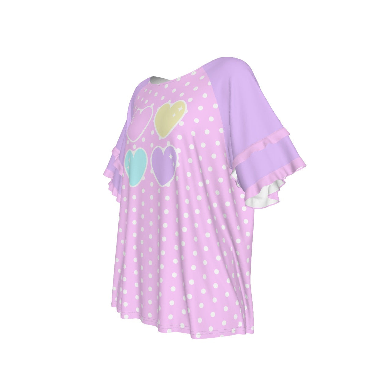 Sweet Love Hearts Pink Round Neck Raglan Sleeve Ruffle Frill T-Shirt (Polka Dots)