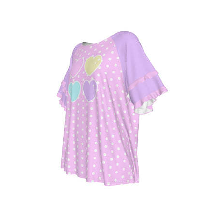 Sweet Love Hearts Pink Round Neck Raglan Sleeve Ruffle Frill T-Shirt (Polka Dots)