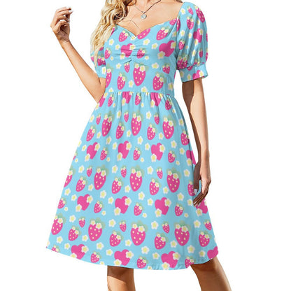 Strawberry Cutie Women's Sweetheart Neckline Puff Short Sleeve A-line Mini Dress (Fruity Berry Blue)