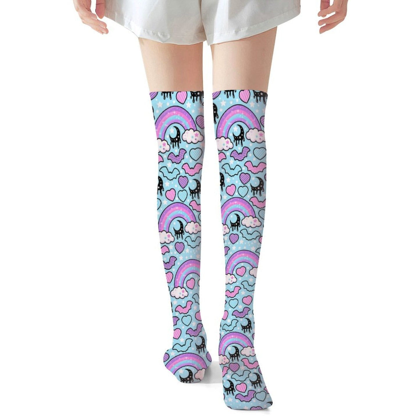 Rainbow Spooky Bats Over Knee Stocking Socks (Blue)
