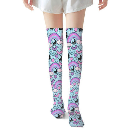 Rainbow Spooky Bats Over Knee Stocking Socks (Blue)