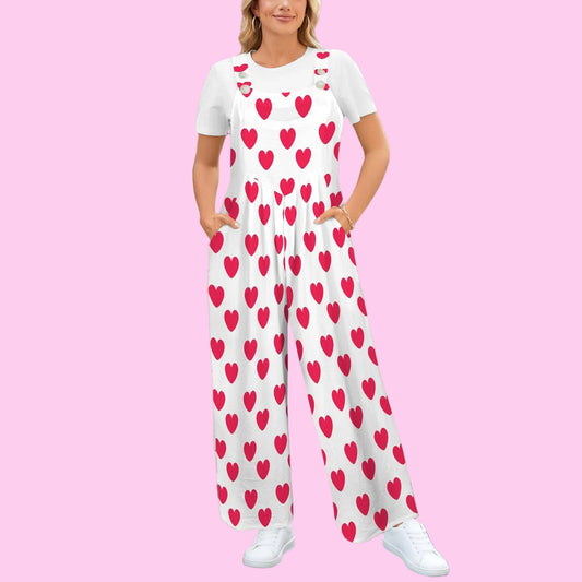Sweet Love Hearts Adjustable Strap Wide Leg Jumpsuit Overalls With Pockets (Red x White)
