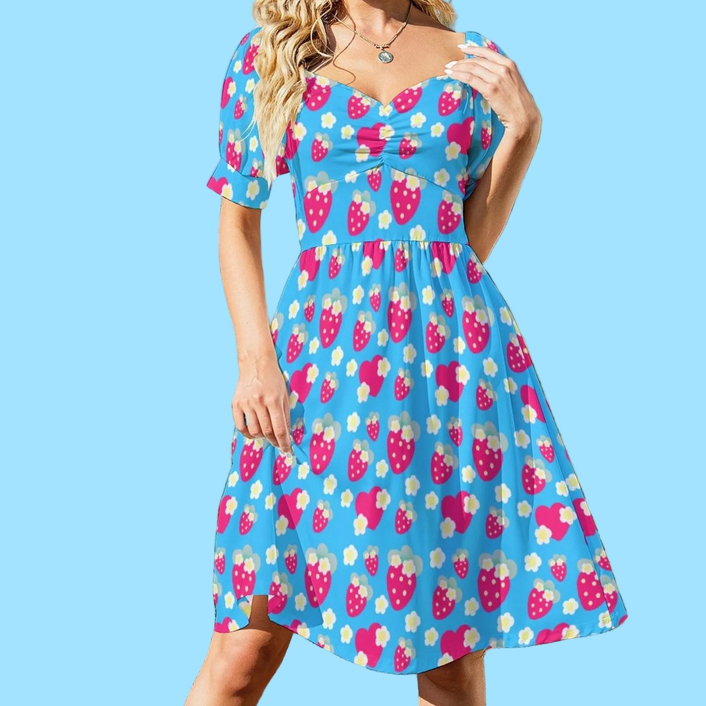 Strawberry Cutie Women's Sweetheart Neckline Puff Short Sleeve A-line Mini Dress (Soda Pop Fruity Berry Blue)