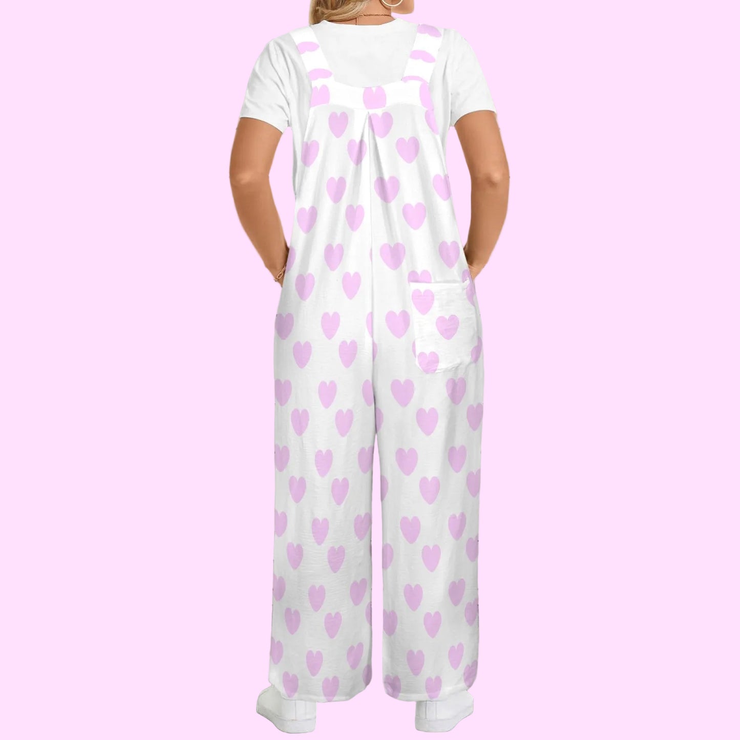 Sweet Love Hearts Adjustable Strap Wide Leg Jumpsuit Overalls With Pockets (Pink x White)