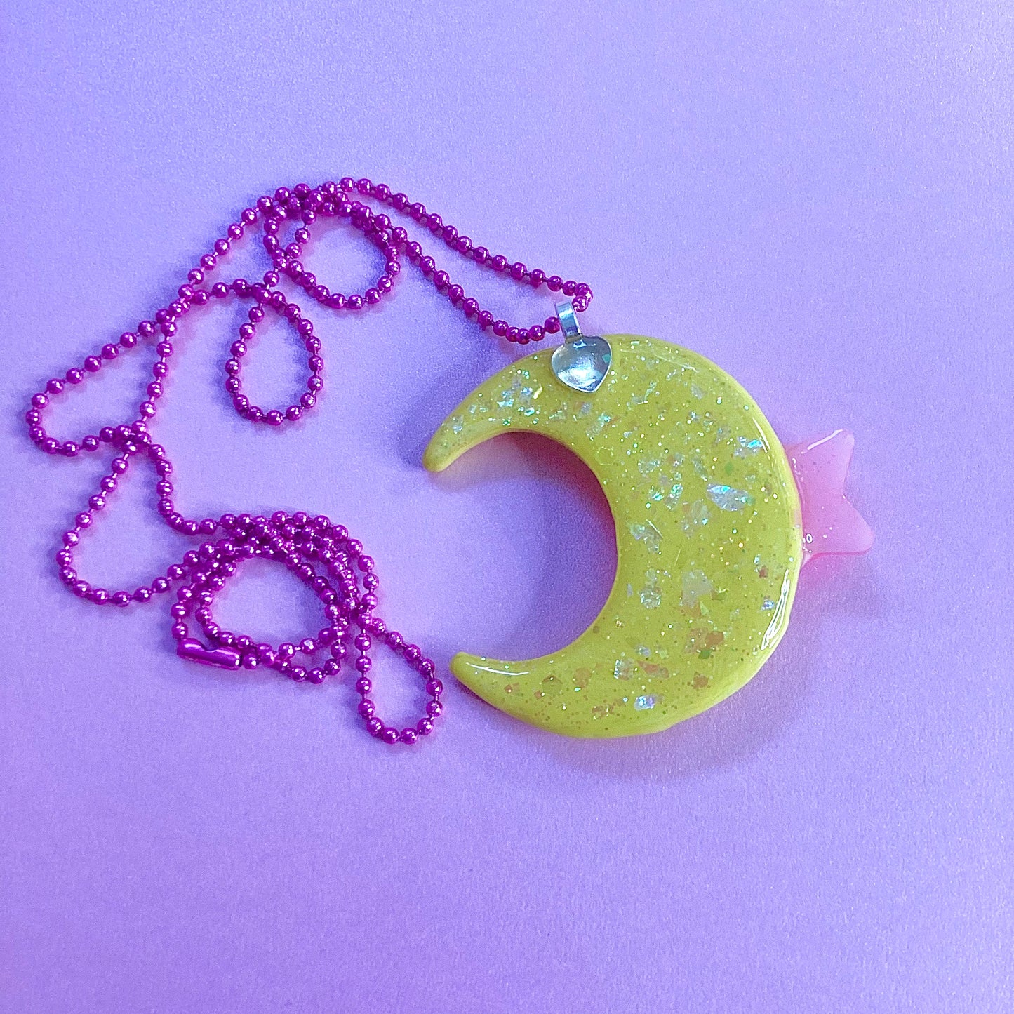 Magical Yellow Moon With Pink Star Necklace