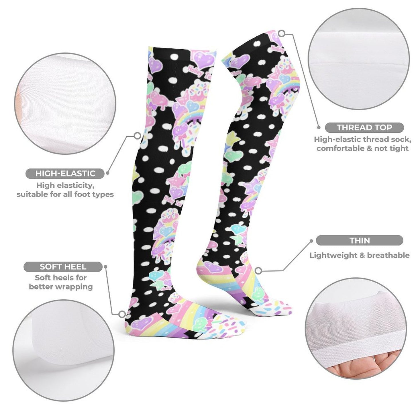 Rainbow Sweets Over Knee Stocking Socks (Black)
