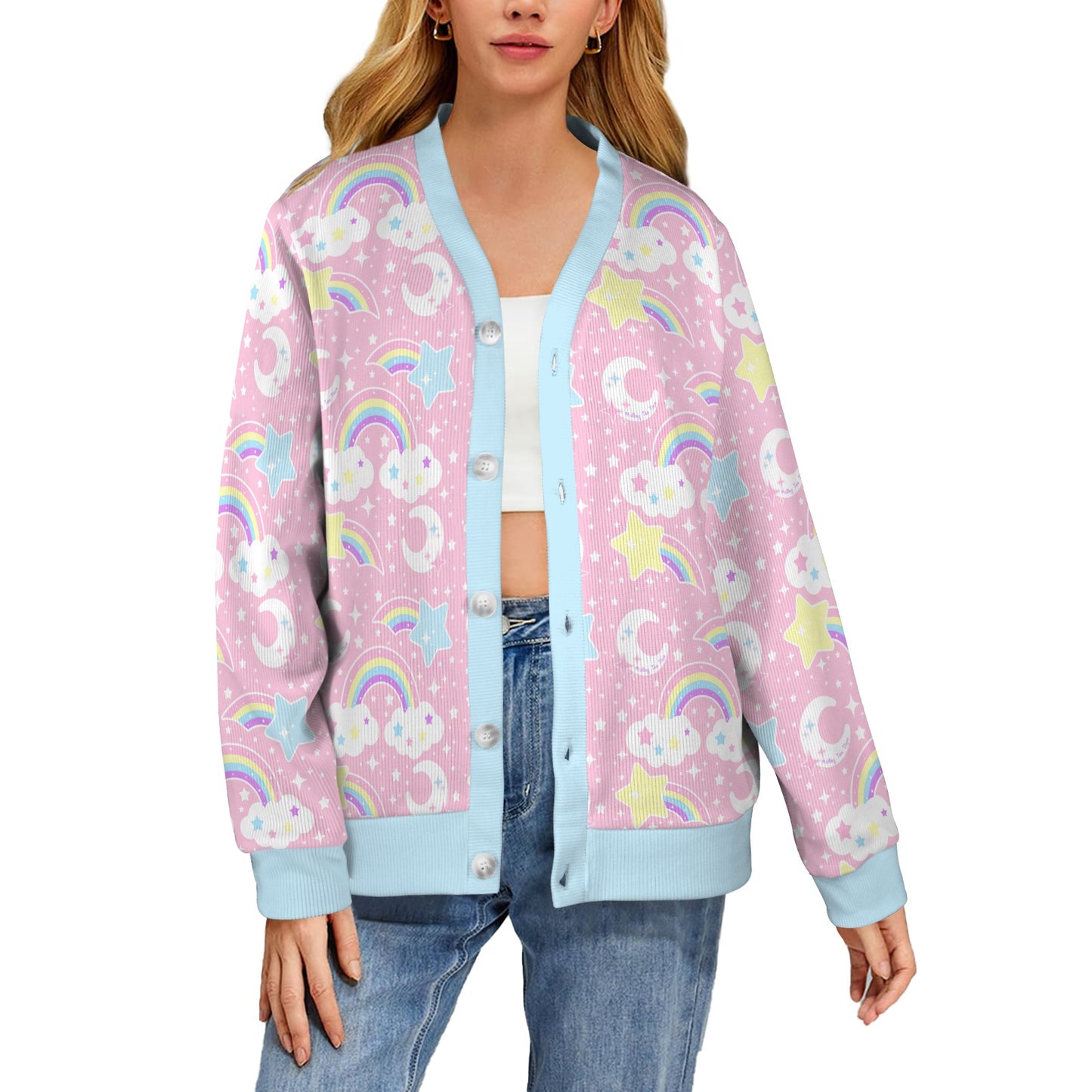 Dreamy Rainbow Women's Ribbed Button Up Cardigan (Pink)