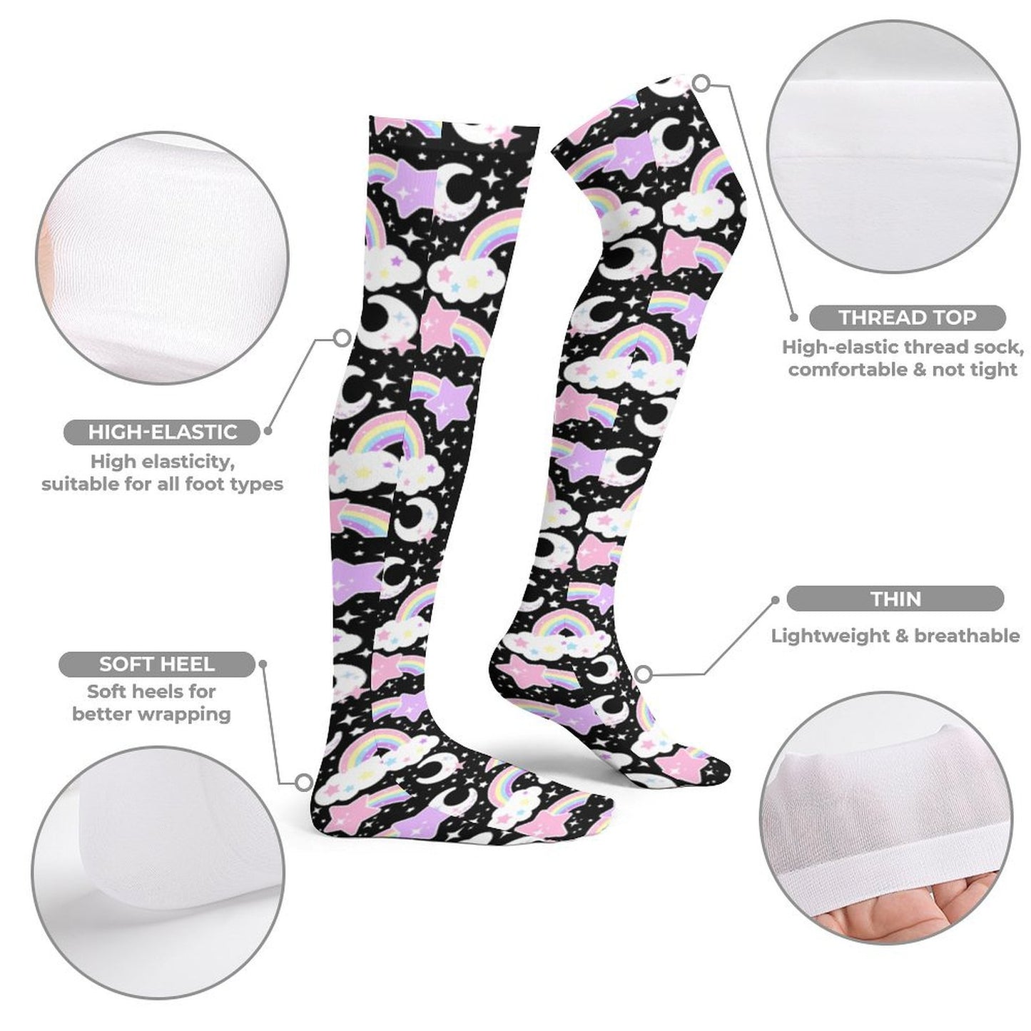 Dreamy Rainbow Over Knee Stocking Socks (Black)