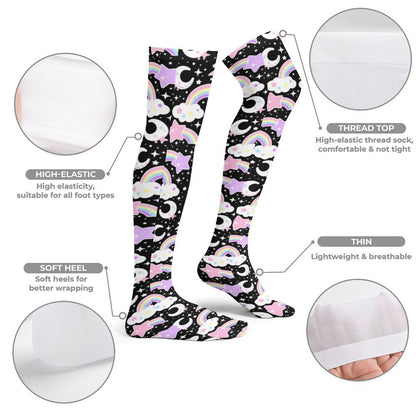 Dreamy Rainbow Over Knee Stocking Socks (Black)