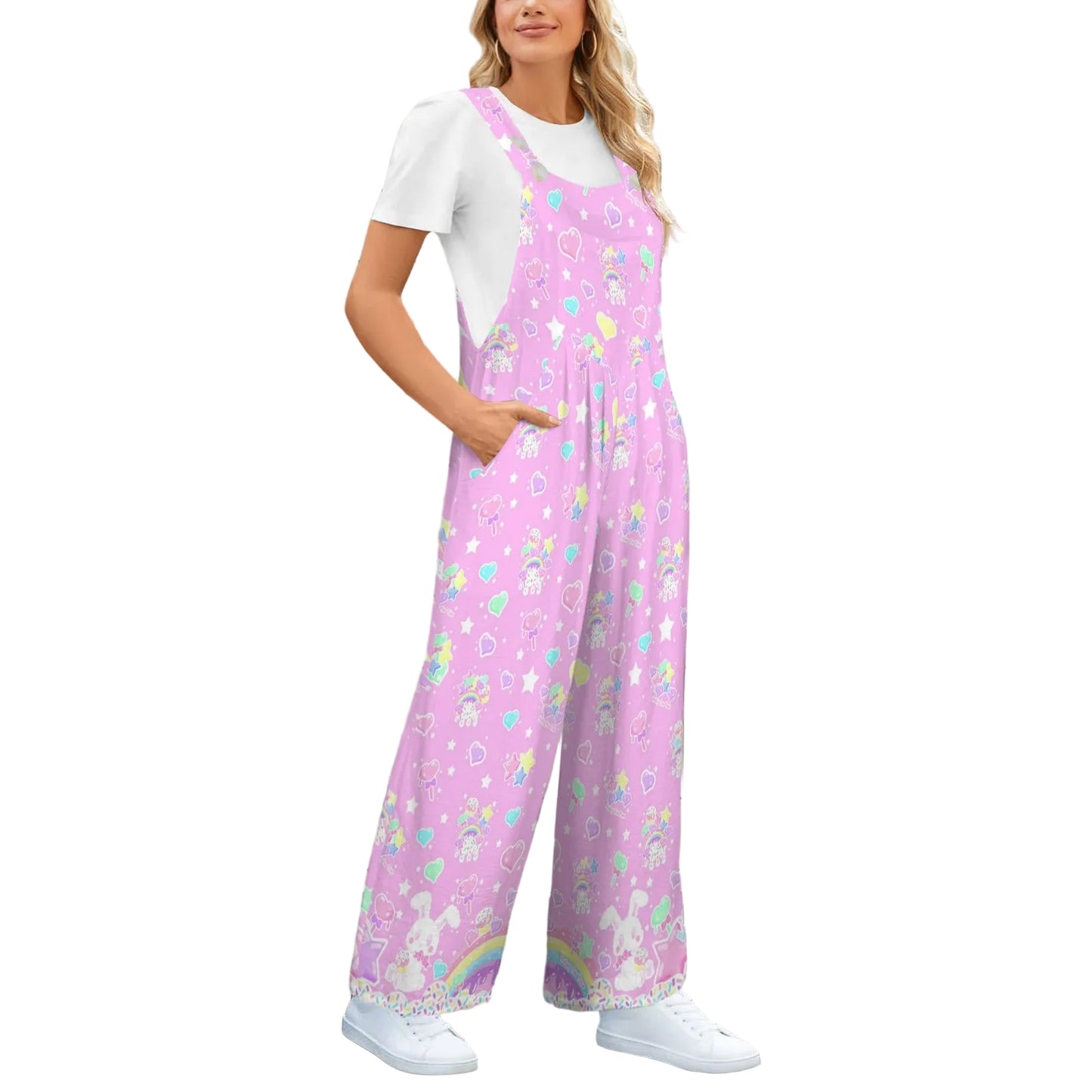 Rainbow Sweets Adjustable Strap Wide Leg Jumpsuit Overalls With Pockets (Pink)