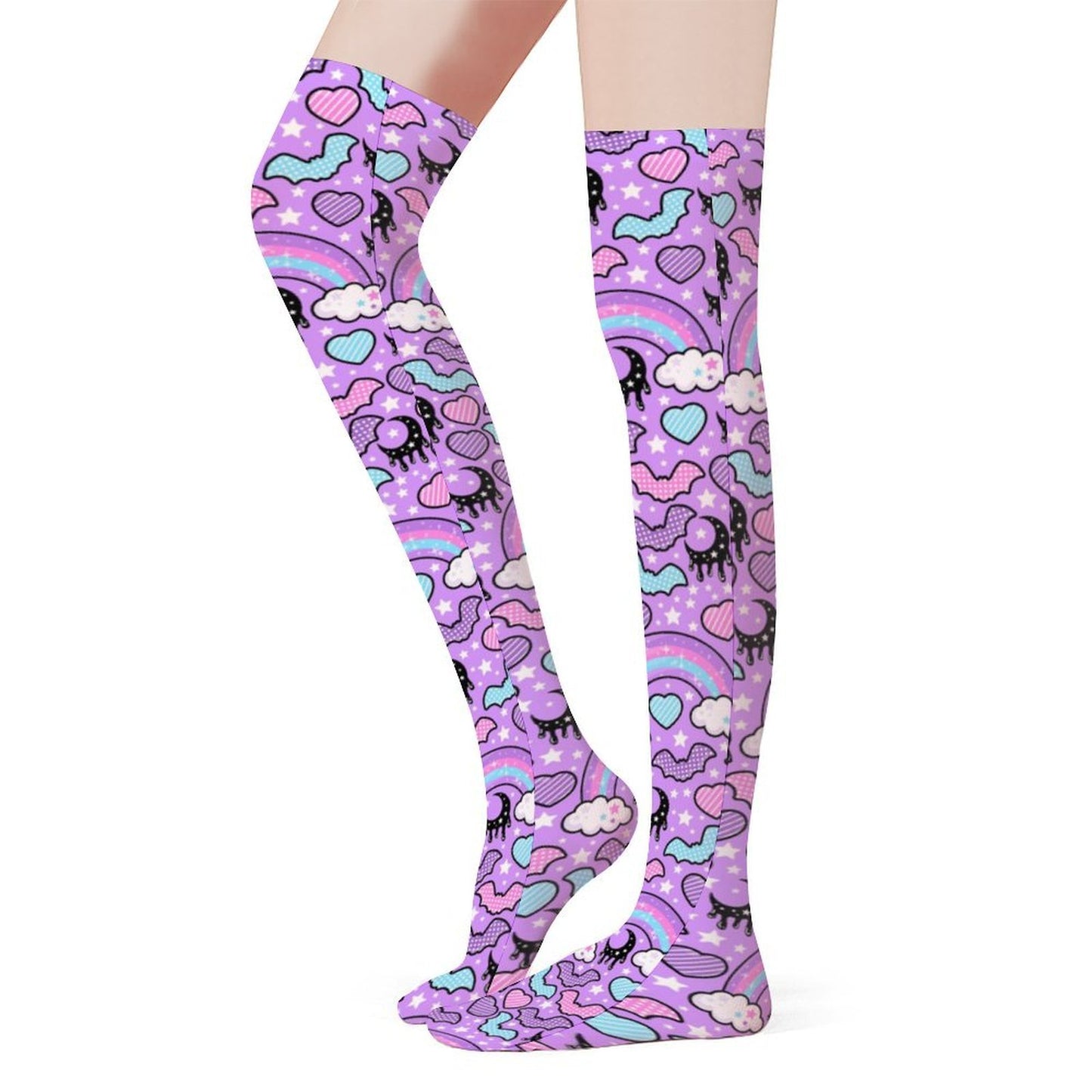 Rainbow Spooky Bats Over Knee Stocking Socks (Purple)