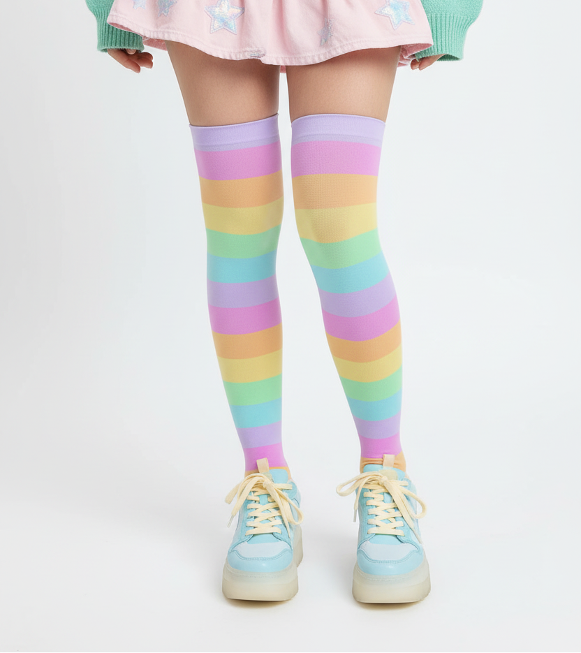kawaii pastel rainbow over the knee stocking socks pantyhose fairy kei decora kei harajuku fashion cutecore