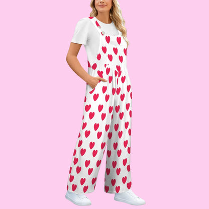 Sweet Love Hearts Adjustable Strap Wide Leg Jumpsuit Overalls With Pockets (Red x White)