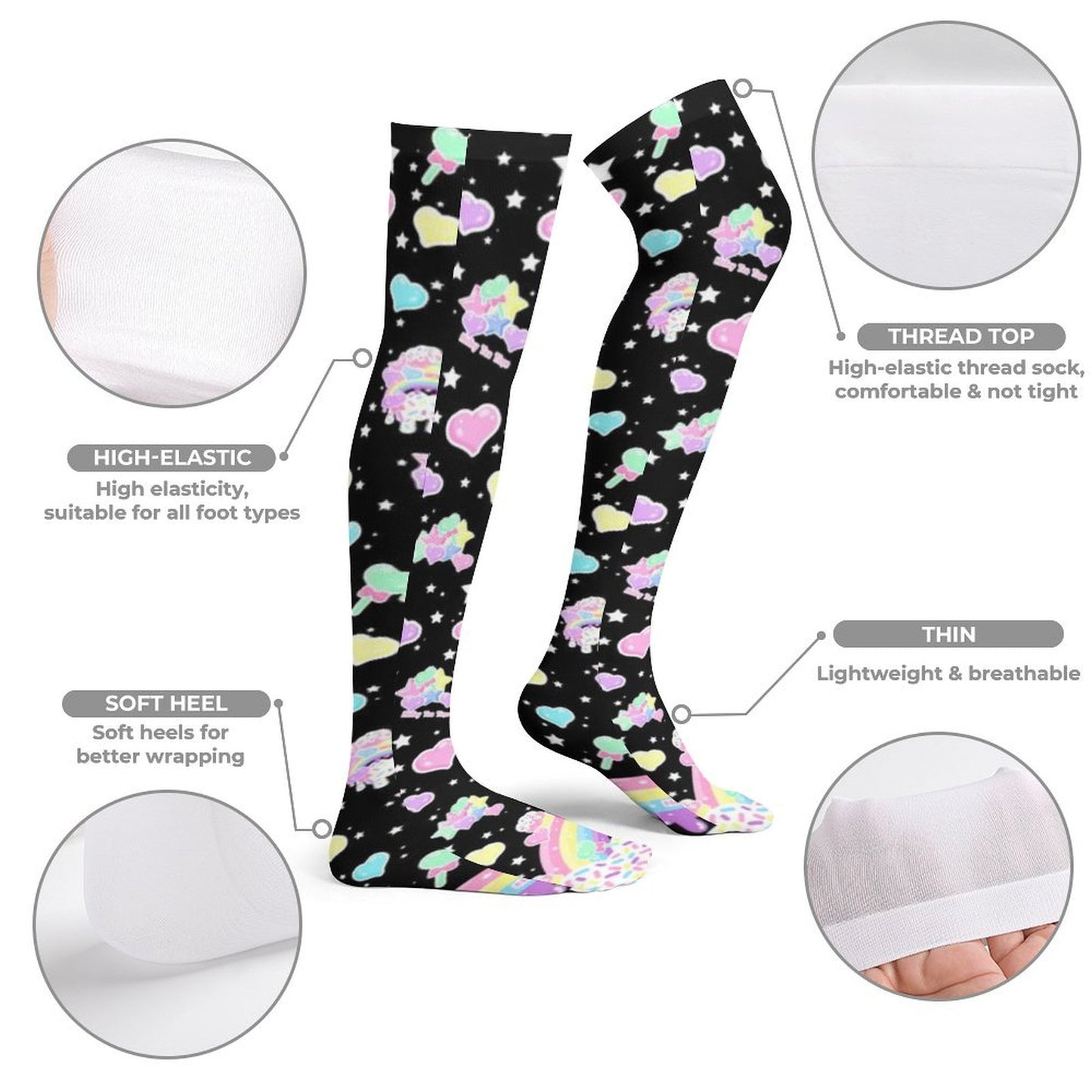 Rainbow Sweets Over Knee Stocking Socks (Black)