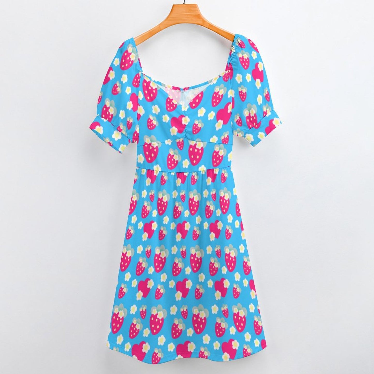 Strawberry Cutie Women's Sweetheart Neckline Puff Short Sleeve A-line Mini Dress (Soda Pop Fruity Berry Blue)