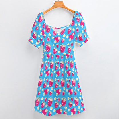 Strawberry Cutie Women's Sweetheart Neckline Puff Short Sleeve A-line Mini Dress (Soda Pop Fruity Berry Blue)