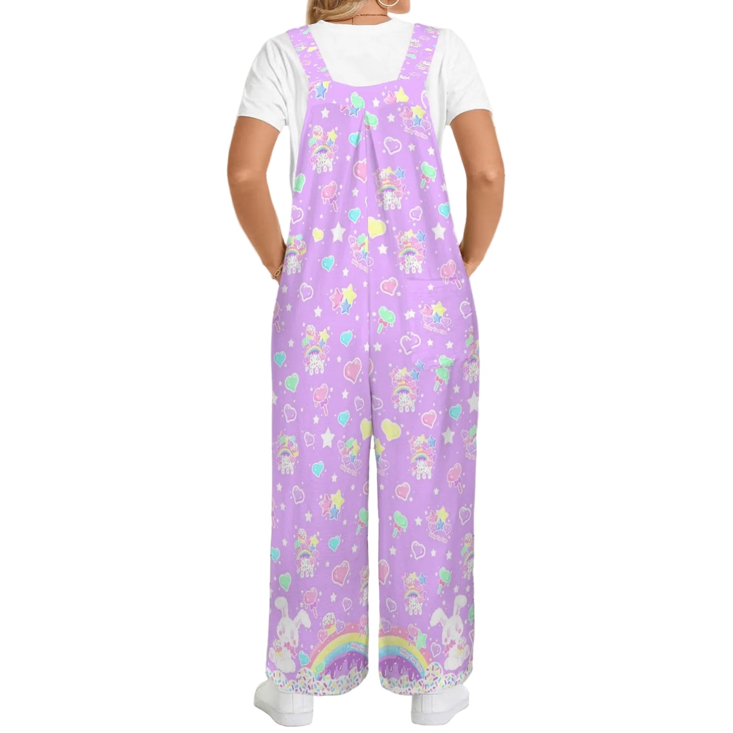 Rainbow Sweets Adjustable Strap Wide Leg Jumpsuit Overalls With Pockets (Purple)