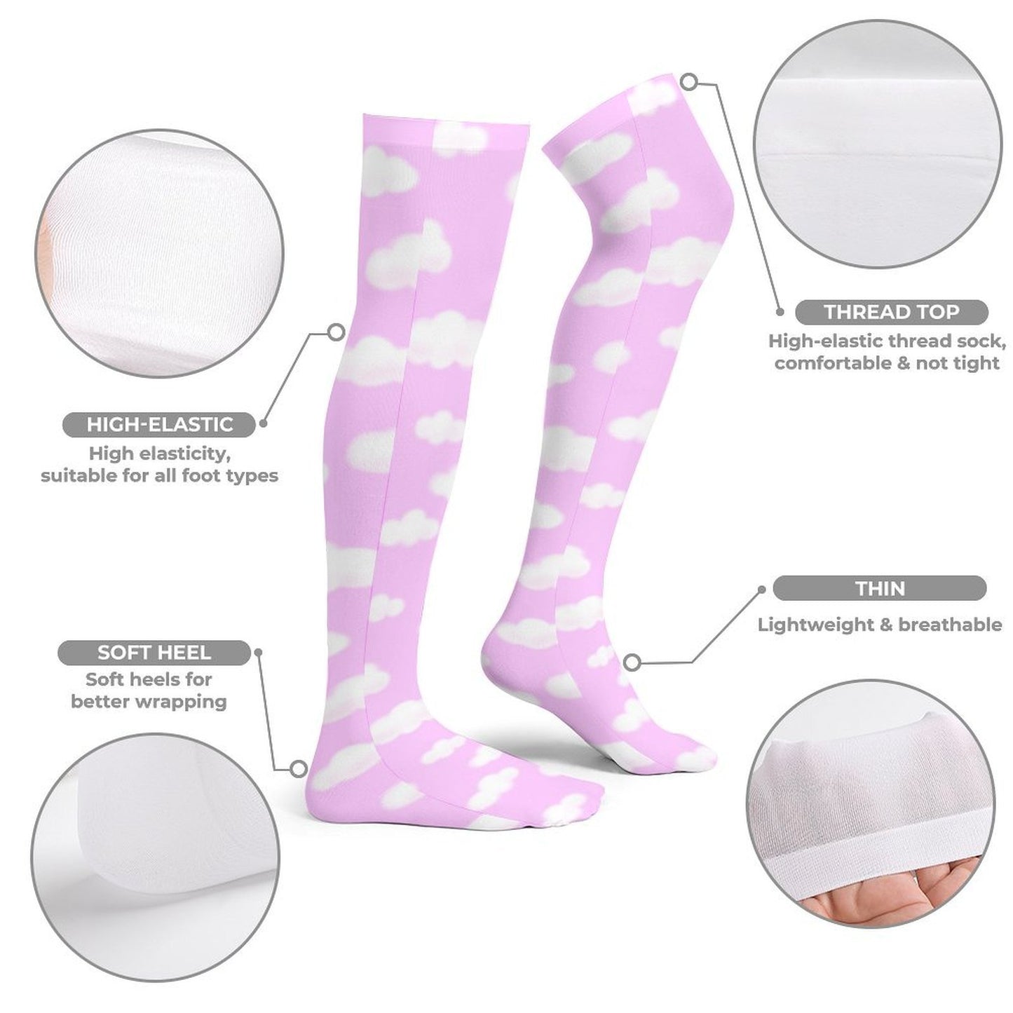 Dreamy Clouds Over Knee Stocking Socks (Taffy Pink)