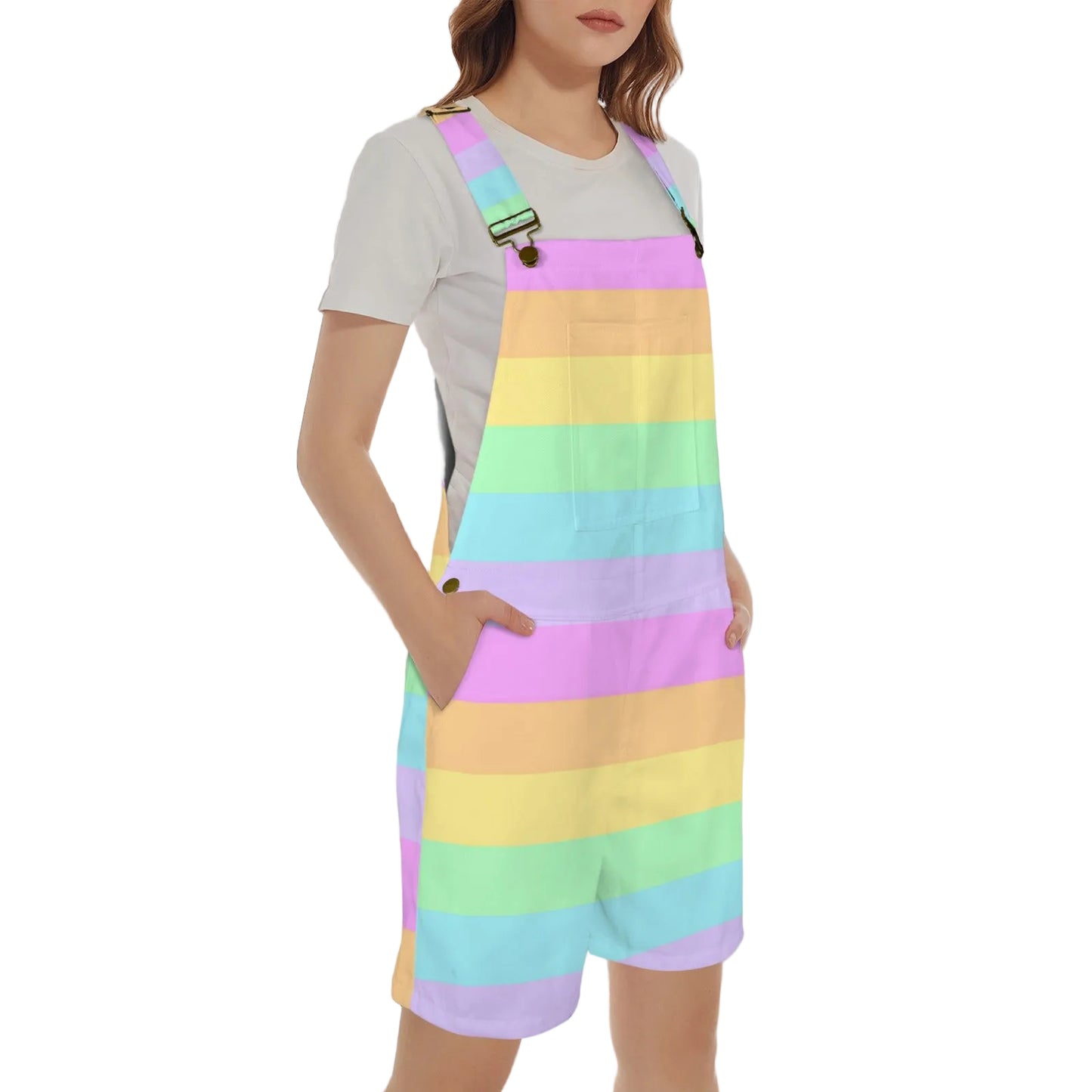 Fruity Rainbow Unisex Shorts Overalls With Adjustable Straps And Pockets (Color Block)