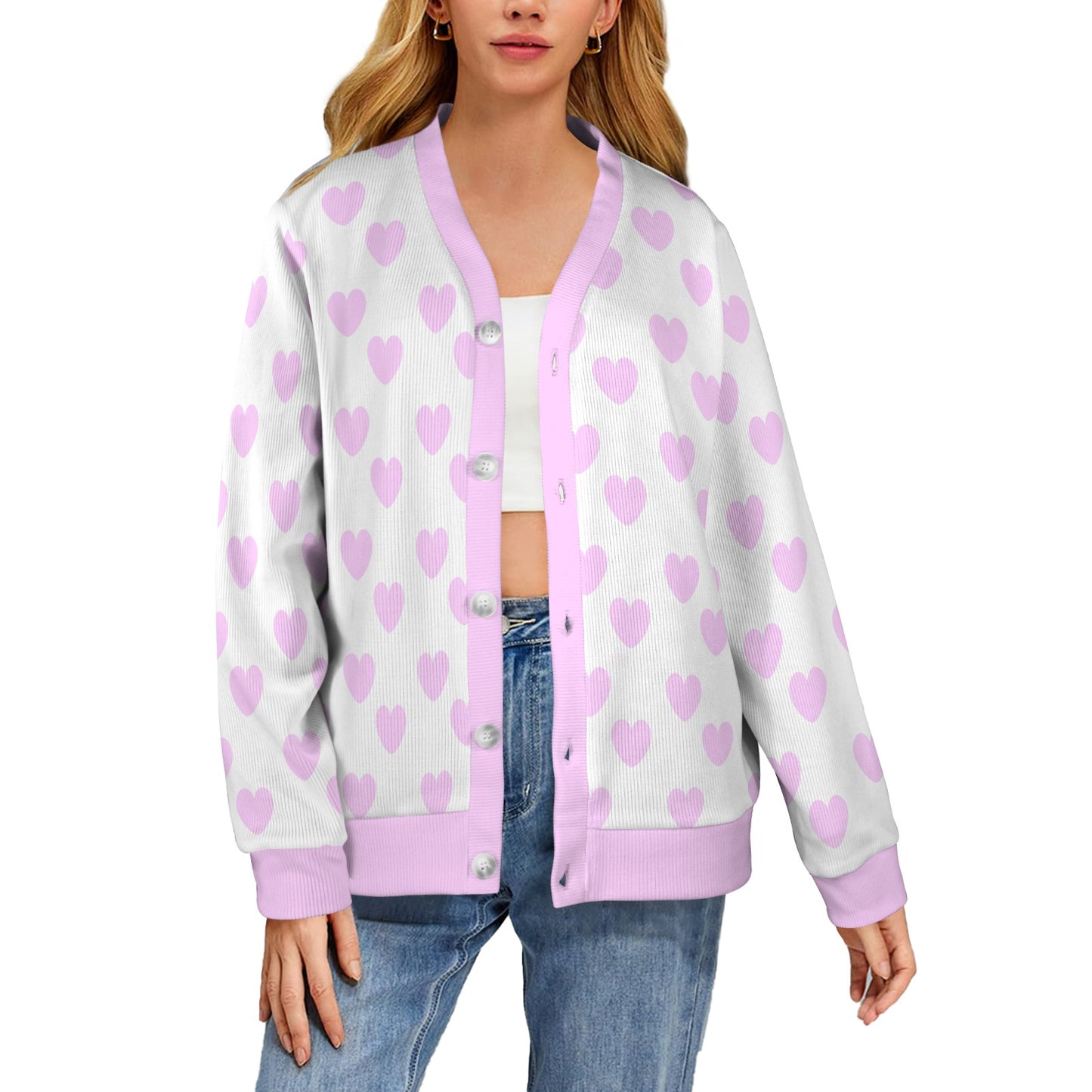 Sweet Love Hearts Ribbed Button Up Cardigan (Pink x White)