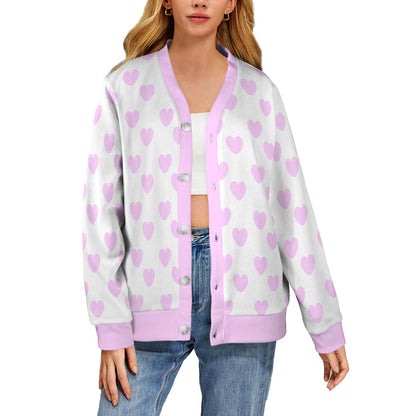 Sweet Love Hearts Ribbed Button Up Cardigan (Pink x White)