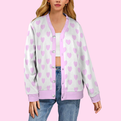 Sweet Love Hearts Ribbed Button Up Cardigan (Pink x White)