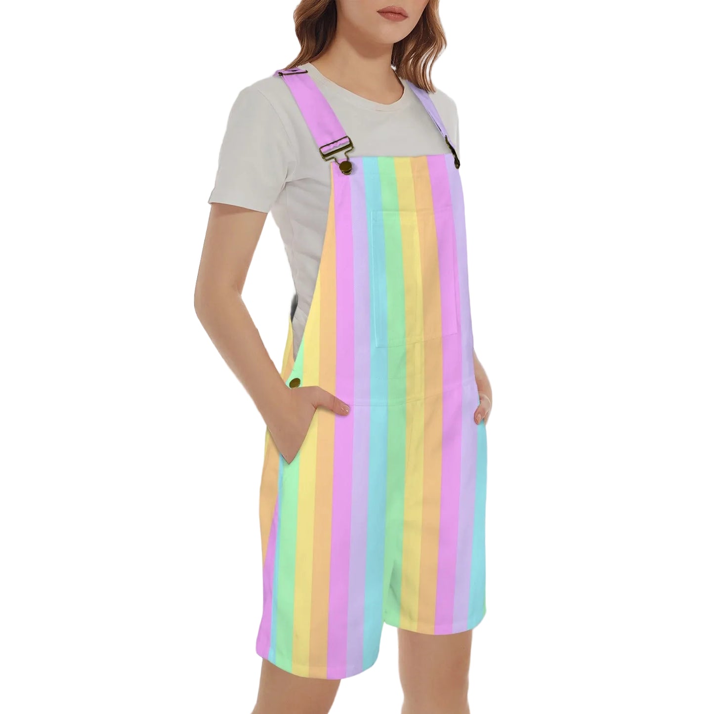 Fruity Rainbow Unisex Shorts Overalls With Adjustable Straps And Pockets (Color Block)