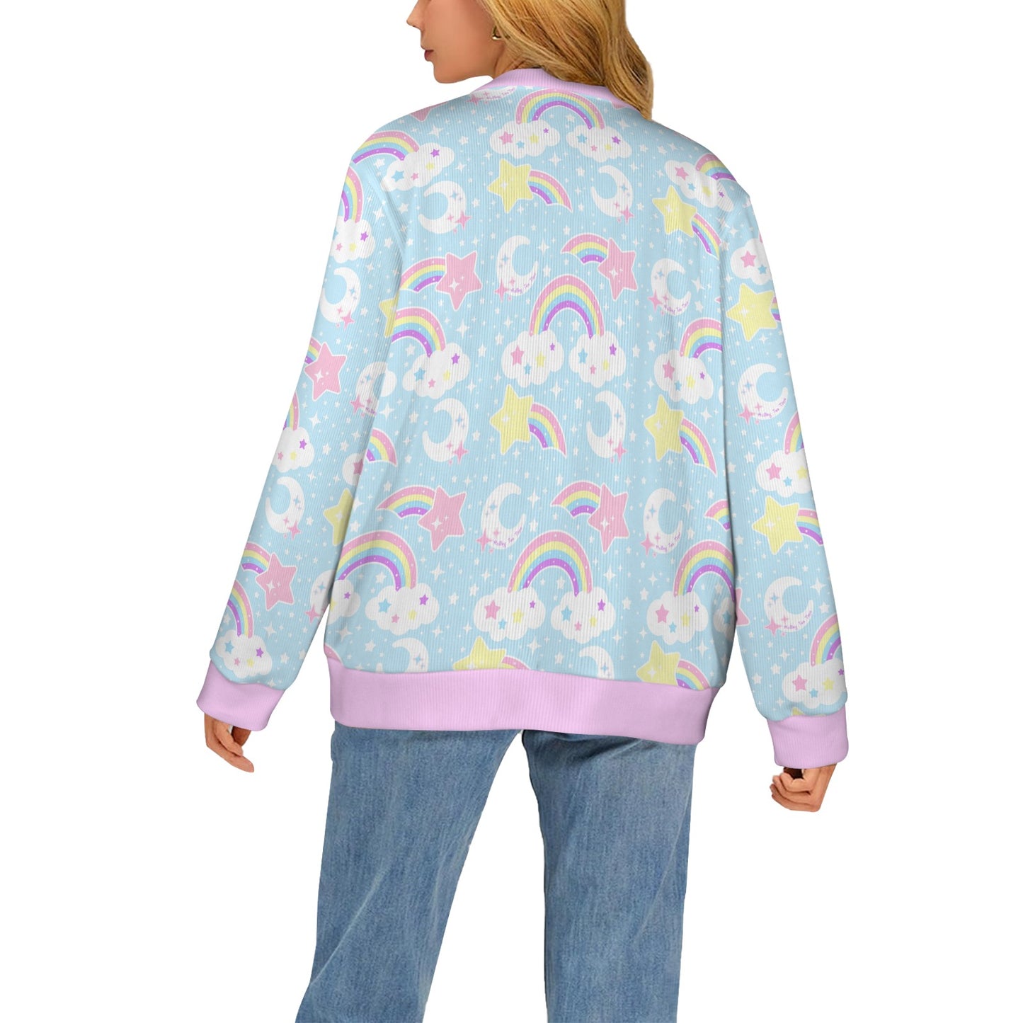 Dreamy Rainbow Women's Ribbed Button Up Cardigan (Blue)