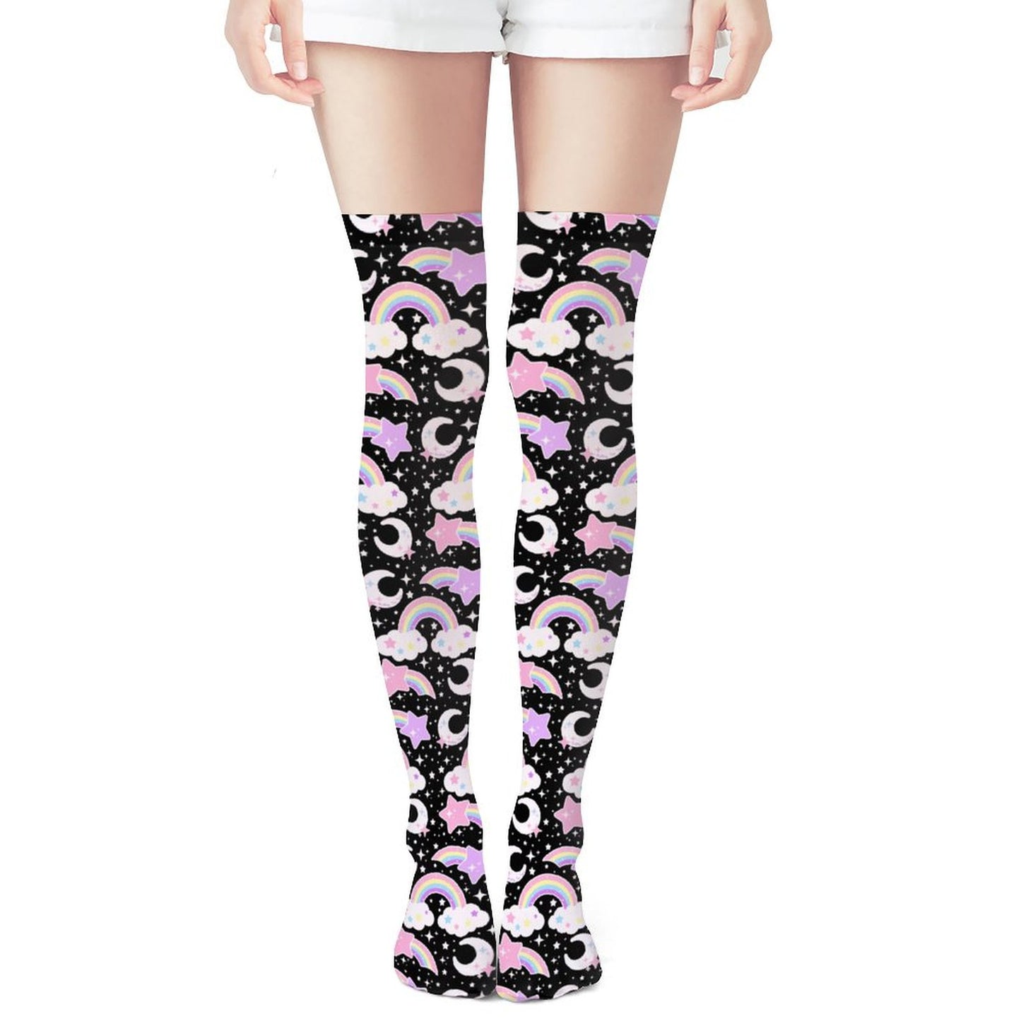 Dreamy Rainbow Over Knee Stocking Socks (Black)