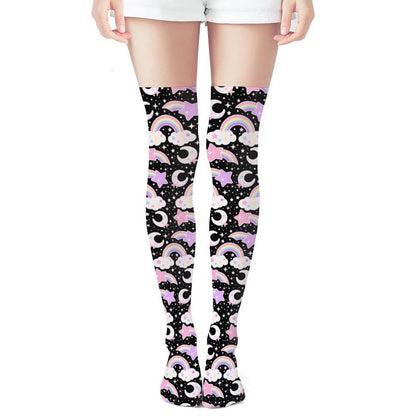 Dreamy Rainbow Over Knee Stocking Socks (Black)
