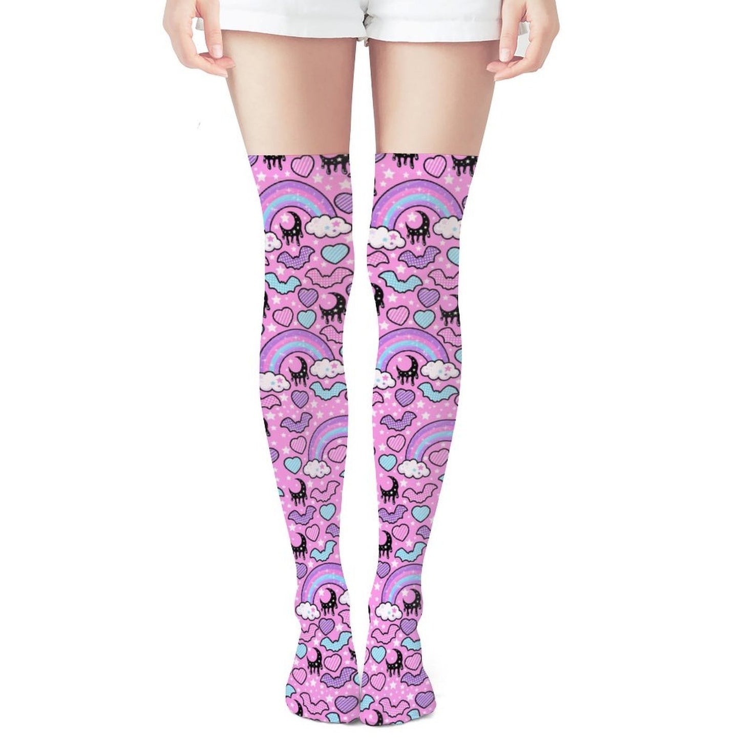 Rainbow Spooky Bats Over Knee Stocking Socks (Pink)