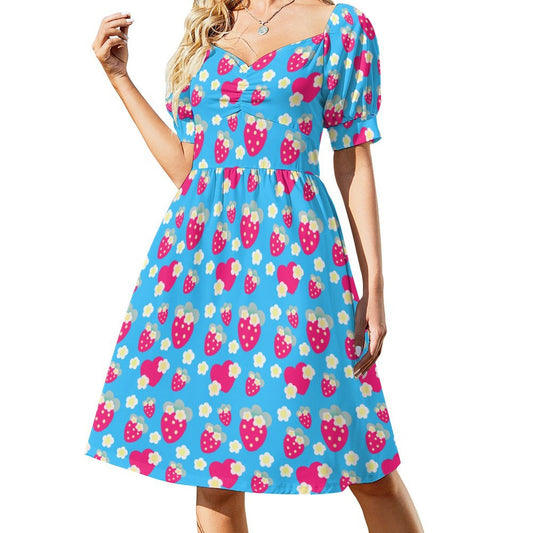 Strawberry Cutie Women's Sweetheart Neckline Puff Short Sleeve A-line Mini Dress (Soda Pop Fruity Berry Blue)