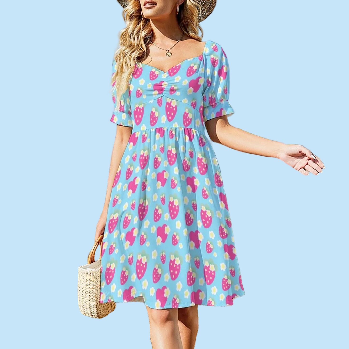 Strawberry Cutie Women's Sweetheart Neckline Puff Short Sleeve A-line Mini Dress (Fruity Berry Blue)