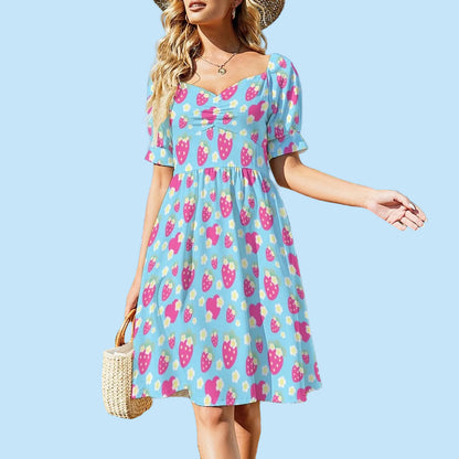 Strawberry Cutie Women's Sweetheart Neckline Puff Short Sleeve A-line Mini Dress (Fruity Berry Blue)