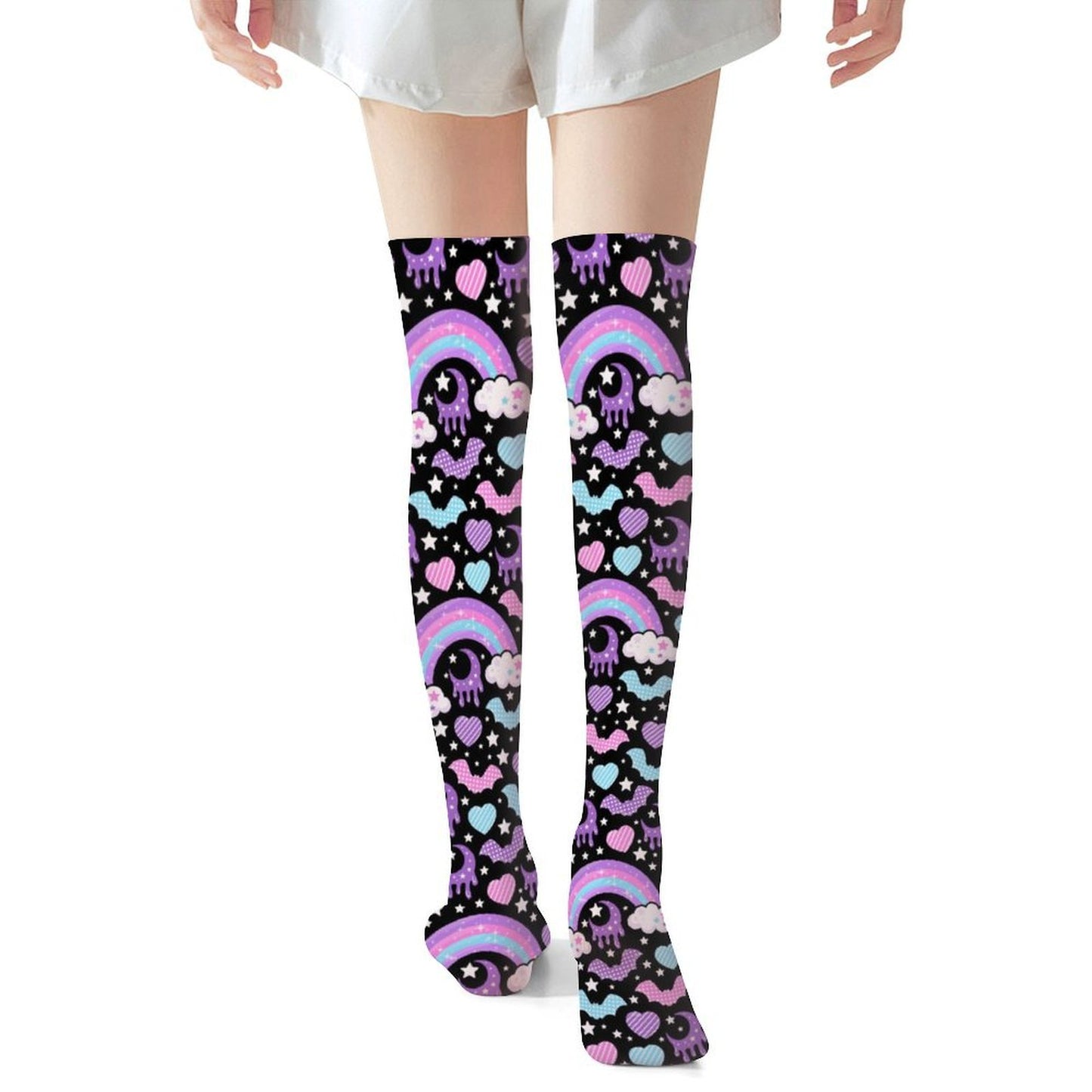 Rainbow Spooky Bats Over Knee Stocking Socks (Black)
