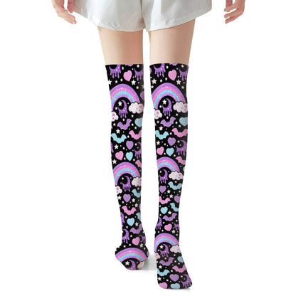 Rainbow Spooky Bats Over Knee Stocking Socks (Black)
