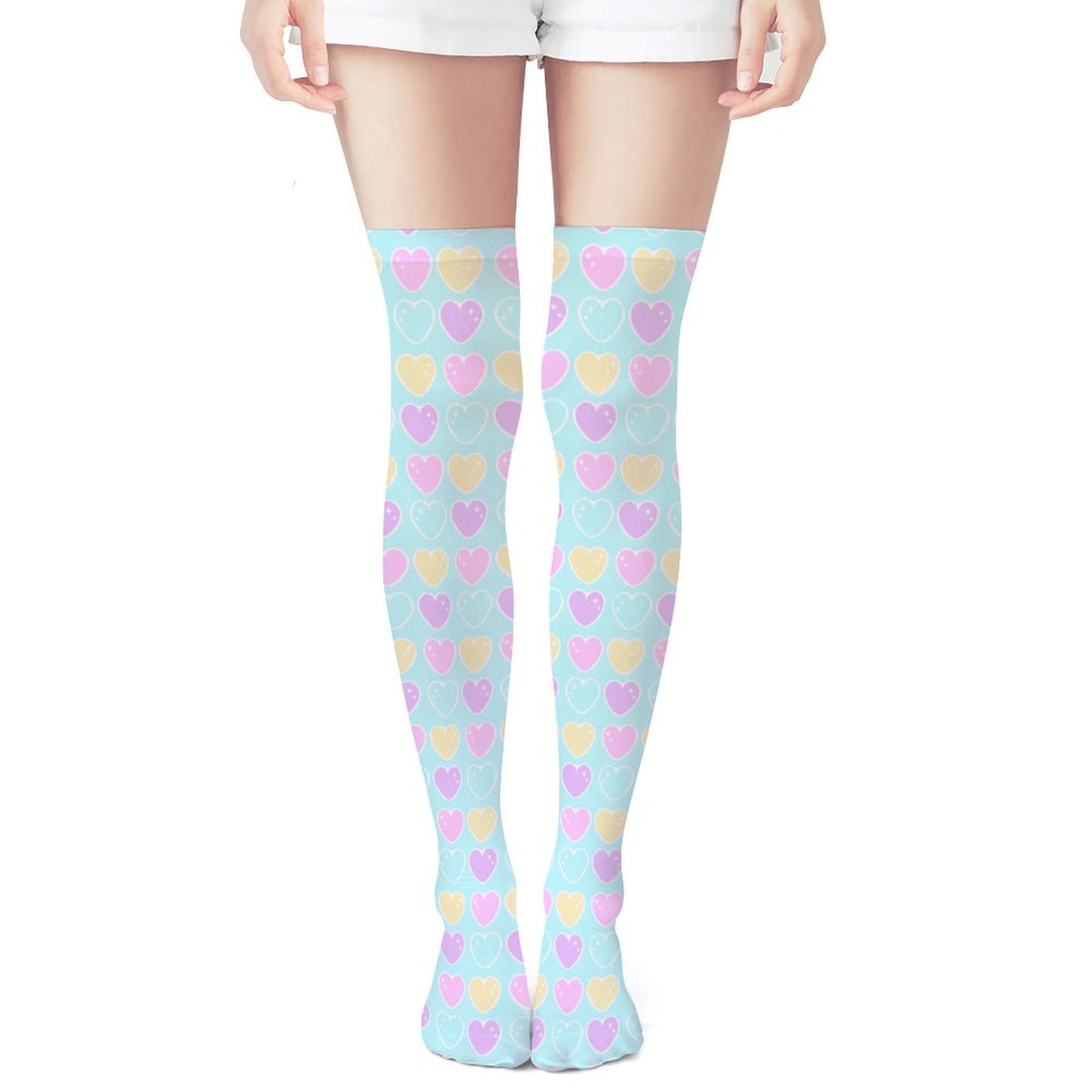 Sweet Love Hearts Over Knee Stocking Socks (Blue)