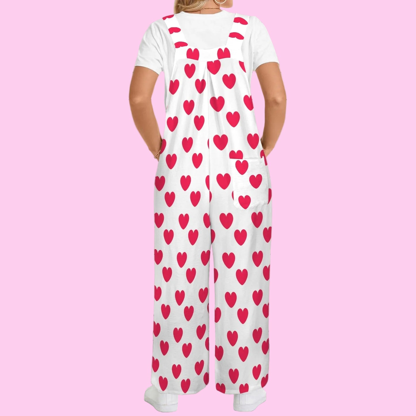 Sweet Love Hearts Adjustable Strap Wide Leg Jumpsuit Overalls With Pockets (Red x White)