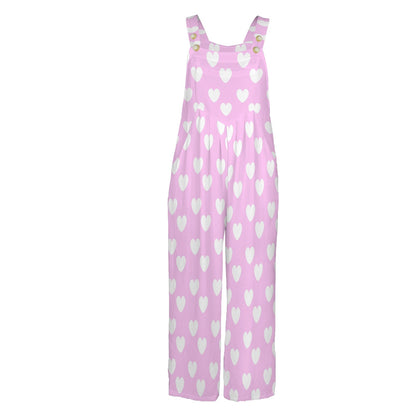 Sweet Love Hearts Adjustable Strap Wide Leg Jumpsuit Overalls With Pockets (White x Pink)