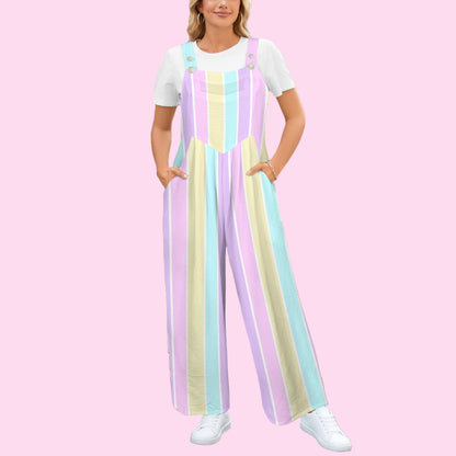 Pastel Stripes Adjustable Strap Wide Leg Jumpsuit Overalls With Pockets