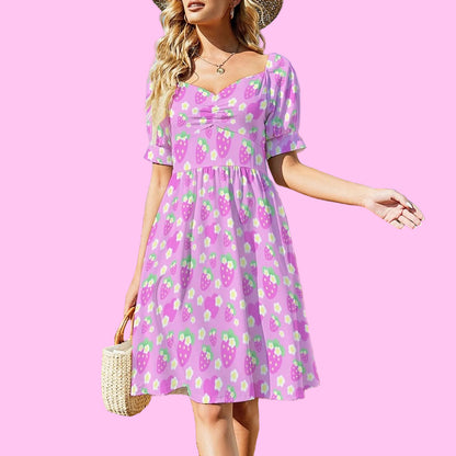 Strawberry Cutie Women's Sweetheart Neckline Puff Short Sleeve A-line Mini Dress (Fruity Berry Pink)