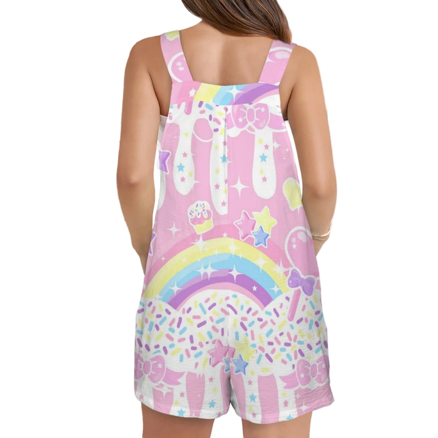 Rainbow Sweets Adjustable Strap Romper Overall Shorts With Pockets (Pink Candy Sprinkles)
