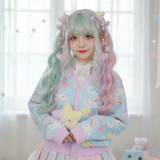 Dreamy Rainbow Women's Ribbed Button Up Cardigan (Blue)