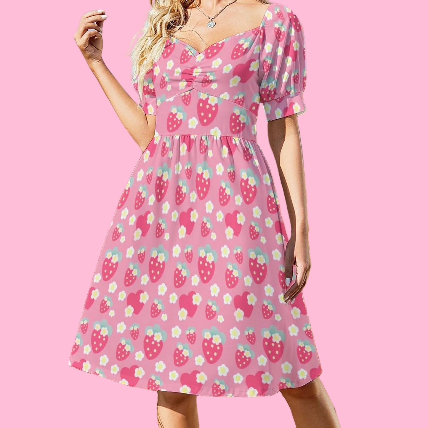 Strawberry Cutie Women's Sweetheart Neckline Puff Short Sleeve A-Line Mini Dress (Cottagecore Fruity Berry Pinky Red) L