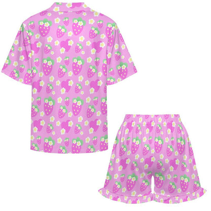 Strawberry Cutie Women's Top & Bottom Pajama Loungewear Set Short Sleeve Button Top Frilly Ruffled Shorts With Pockets (Fruity Berry Pink)