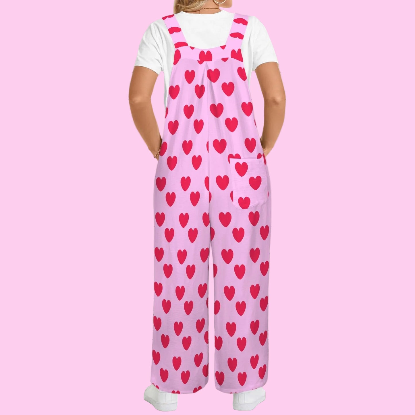Sweet Love Hearts Adjustable Strap Wide Leg Jumpsuit Overalls With Pockets (Red x Pink)