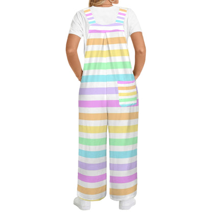 Fruity Rainbow Adjustable Strap Wide Leg Jumpsuit Overalls With Pockets (Stripes)